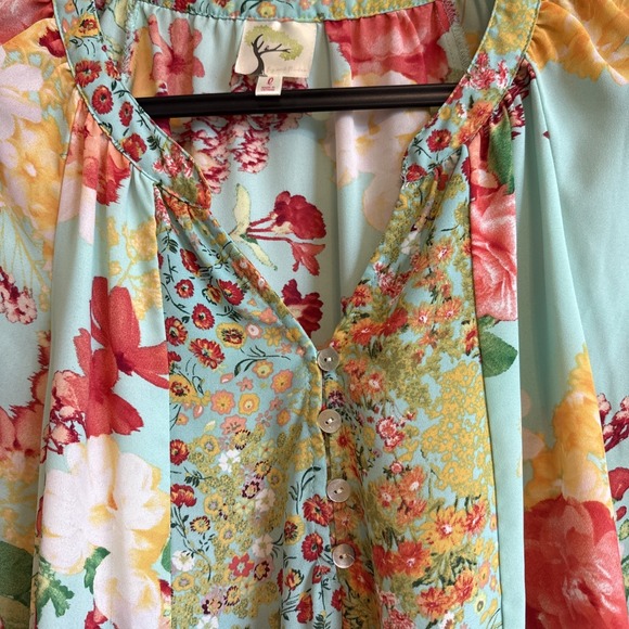 Fig & Flower V-Neck Floral 3/4 Sleeve Top Size L Festival Boho Feminine Fairy - Picture 4 of 14